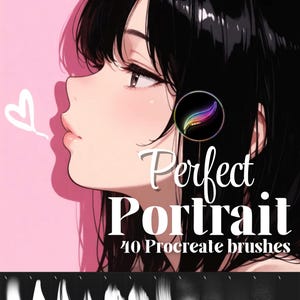 May include: Digital artwork of a woman's profile with black hair and pink skin. The image features the text "Perfect Portrait" and "40 Procreate brushes". Below are examples of brush strokes.