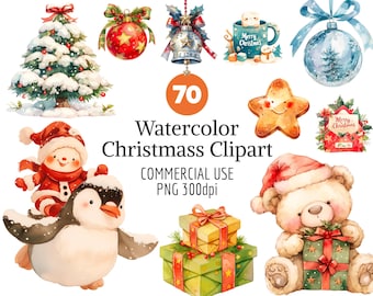 Pacchetto di 70 clipart natalizie ad acquerello PNG 300 dpi / Uso commerciale gratuito / Luci di Babbo Natale con nastri / Set di decorazioni natalizie stampabili