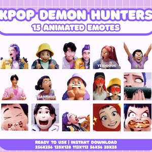 Puede incluir: Gráfico digital con 15 emoticonos animados, cada uno mostrando una expresión facial diferente. El texto "KPOP DEMON HUNTERS" y "15 ANIMATED EMOTES" está en la parte superior. La parte inferior del gráfico dice "READY TO USE | INSTANT DOWNLOAD".