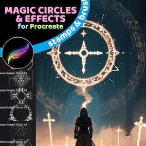 May include: Digital art product for Procreate featuring 54 magic circles and effects. The image includes a glowing circular design with text that reads "MAGIC CIRCLES & EFFECTS for Procreate" and "stamps & brushes".