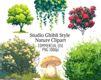 97種類の自然クリップアート メガバンドル PNG | 商用利用可 | 動植物 | 緑、茂み、草、木、キノコ、花