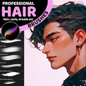 Könnte beinhalten: Eine digitale Illustration eines Mannes mit schwarzen Haaren, einem schwarzen Hemd und einem goldenen Ohrring. Das Bild wird von einem Satz digitaler Pinsel zum Zeichnen von Haaren, Locken und Dreadlocks begleitet. Der Text "PROFESSIONAL HAIR" und "BRUSHES" wird in Pink angezeigt.