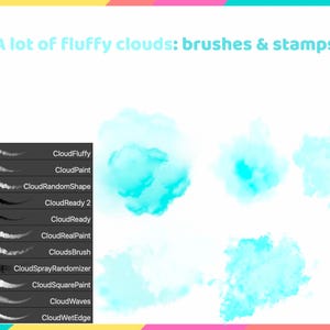 May include: A set of 10 digital brushes and stamps for creating fluffy clouds. The brushes and stamps are shown in a gray palette with the names of each brush and stamp listed on the right side of the image. The image also shows examples of the brushes and stamps used to create fluffy clouds in a light blue color.