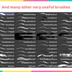 May include: A collection of 48 digital brushes for use in digital art programs. The brushes are displayed in a grid format with a black background and white brush strokes. The brush names are listed below each brush preview.