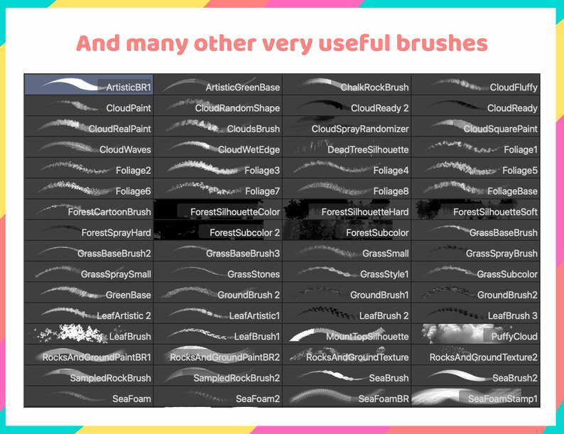 May include: A collection of 48 digital brushes for use in digital art programs. The brushes are displayed in a grid format with a black background and white brush strokes. The brush names are listed below each brush preview.
