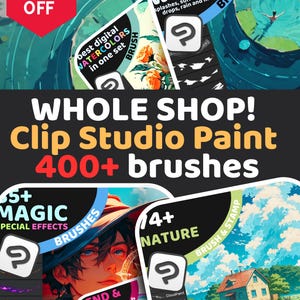 400+ Clip Studio-penslar Megapaket | Alla butiksset | 50 % rabatt | Penslar för digital konst: Vatten, Miljö, Magi, Oljor, Rendering etc.