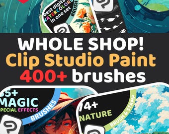 400+ Clip Studio Paint Brushes Mega Bundle | All Shop Sets | 50% Off | Brushes for digital art: Water, Environment, Magic, Oils, Render etc