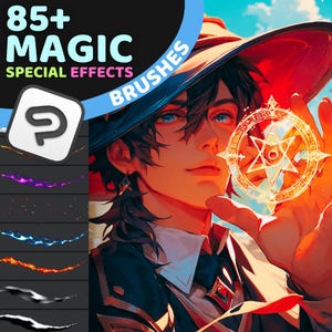 May include: 85+ Magic Special Effects Brushes for Adobe Photoshop. A digital illustration of a person with dark hair and blue eyes wearing a red hat and holding a glowing circle with a star in the centre.
