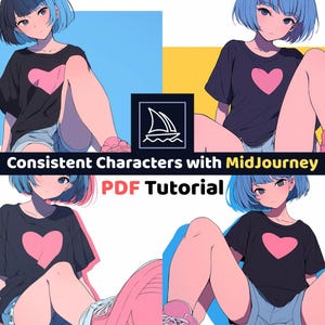 May include: An illustration showing four panels of a character with blue hair and a black t-shirt with a pink heart. The text "Consistent Characters with MidJourney PDF Tutorial" is displayed below a logo of a sailboat.