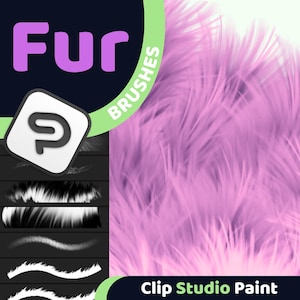 May include: Digital art brushes for Clip Studio Paint. The image features the word "Fur" in purple, a Clip Studio Paint logo, and a background of pink fur. The text "BRUSHES" is in green, and "Clip Studio Paint" is at the bottom.