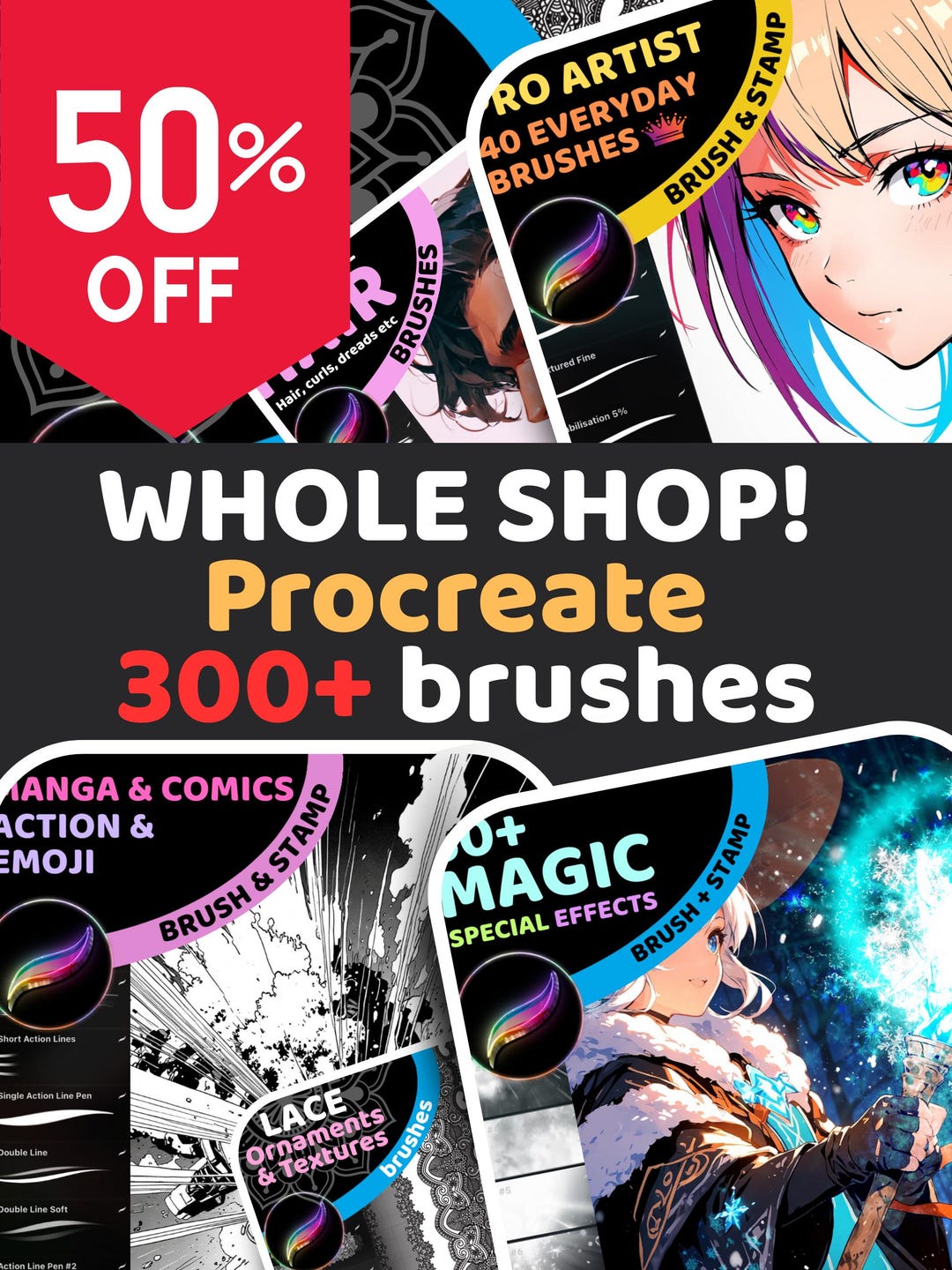 300+ Procreate Brushes Mega Bundle | Whole Shop Set | 50% off | Brushes ...