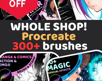 300種類以上のProcreateブラシ メガバンドル | ショップセット全体 | 50%オフ | デジタルアート用ブラシ：ポートレート、スケッチ、マジック、シェーディング、レンダリング、ヘアなど