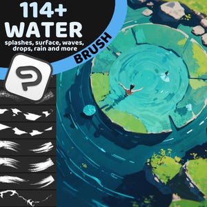Può includere: Un'illustrazione digitale di un set di pennelli per creare effetti d'acqua nell'arte digitale. Il set di pennelli include oltre 114 pennelli per creare schizzi, superfici, onde, gocce, pioggia e altro ancora. L'immagine mostra una varietà di pennellate in bianco su uno sfondo nero. L'immagine mostra anche una pittura digitale di una piscina d'acqua con due persone che nuotano al suo interno.