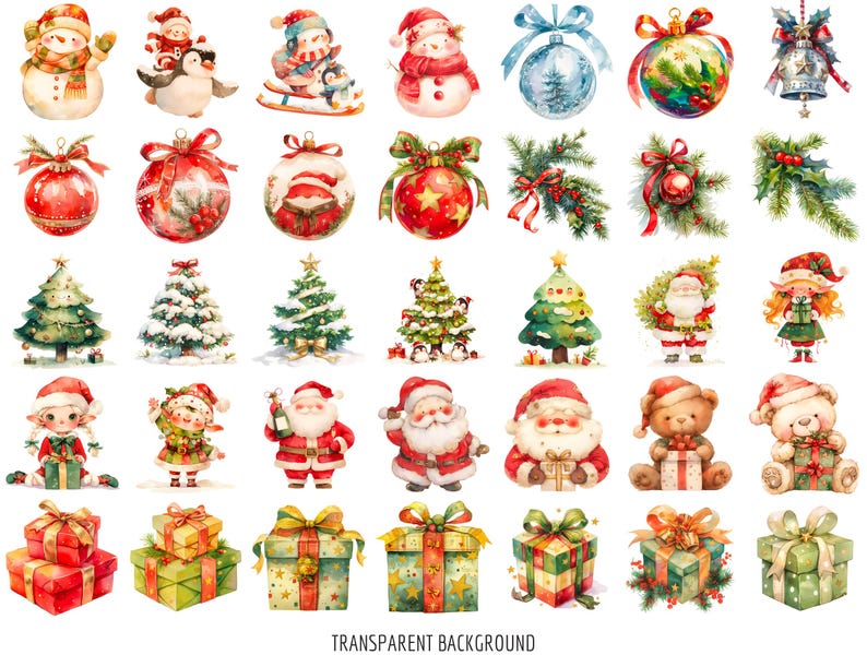70 Watercolor Christmas Clipart Bundle PNG 300dpi | Free Commercial Use ...