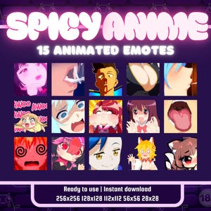 以下が含まれることがあります： 「SPICY ANIME」と「15 ANIMATED EMOTES」のテキストが入ったデジタル製品グラフィック。画像には、さまざまな表情のアニメスタイルの絵文字のグリッドが表示されています。画像の下部には、製品がすぐに使用でき、即時ダウンロードできることを示すテキストが含まれています。