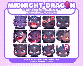 Kawaii Dragon Emotes Bundle | Discord Twitch Telegram | 12 Midnight Dragon PNG Emoji & Stickers