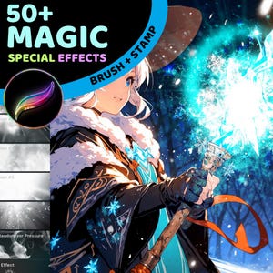 Pode incluir: 50+ Efeitos especiais mágicos Pincel + Carimbo. Uma ilustração digital de uma mulher com cabelo branco vestindo um casaco preto e segurando um cajado azul brilhante. O fundo é uma floresta nevada.