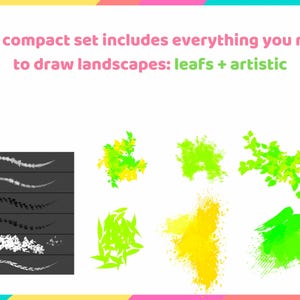 May include: A set of digital brushes for drawing landscapes. The brushes include a variety of leaf shapes, artistic splatters, and textured lines. The brushes are shown on a black background.