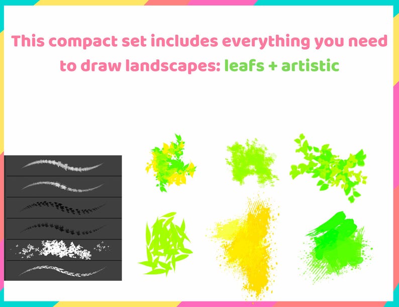 May include: A set of digital brushes for drawing landscapes. The brushes include a variety of leaf shapes, artistic splatters, and textured lines. The brushes are shown on a black background.
