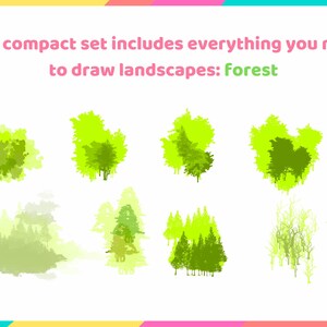 May include: A set of eight green watercolor illustrations of different types of forests. This compact set includes everything you need to draw landscapes: forest.