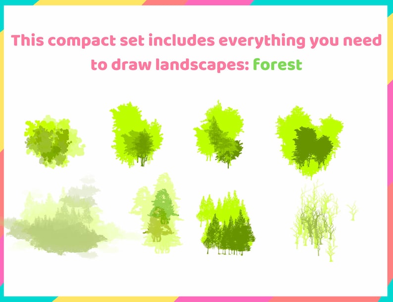 May include: A set of eight green watercolor illustrations of different types of forests. This compact set includes everything you need to draw landscapes: forest.