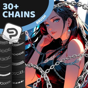 Puede incluir: Una ilustración digital de una mujer de estilo anime con cabello negro largo que lleva un vestido negro y cadenas plateadas. La imagen incluye el texto "30+ CHAINS" y "BRUSH".