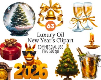 2026 Neujahr Clipart zum Downloaden | 300 DPI PNG | Thema Pferdejahr | Feiertagsgrafiken | Scrapbooking | Sublimationsdruck | Kommerzielle Nutzung