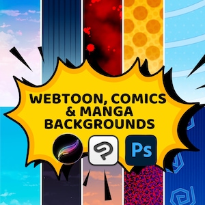 May include: A vibrant graphic showcasing various webtoon, comics, and manga backgrounds. The image features a yellow burst with the text "WEBTOON, COMICS & MANGA BACKGROUNDS" and logos for Procreate, Clip Studio Paint, and Photoshop. The background includes diverse patterns.