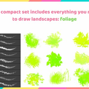May include: A set of digital brushes for drawing foliage. The brushes are shown on a black background and include a variety of shapes and sizes. The text "This compact set includes everything you need to draw landscapes: Foliage" is at the top of the image.
