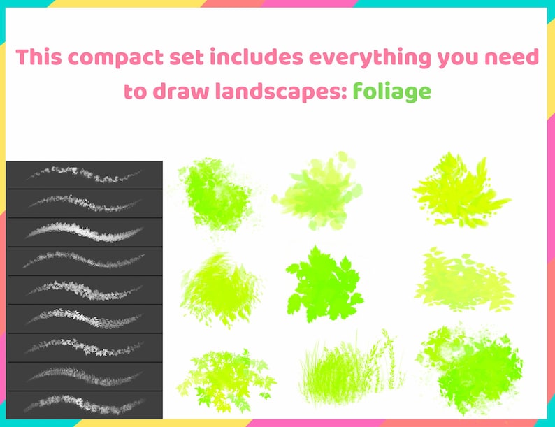 May include: A set of digital brushes for drawing foliage. The brushes are shown on a black background and include a variety of shapes and sizes. The text "This compact set includes everything you need to draw landscapes: Foliage" is at the top of the image.