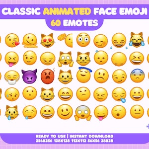 Könnte beinhalten: Eine Sammlung von 60 animierten Emoji-Gesichtern mit verschiedenen Ausdrücken, darunter Lächeln, Weinen und Zwinkern. Die Emojis sind gelb mit schwarzen Details. Der Text "CLASSIC ANIMATED FACE EMOJI" und "60 EMOTES" ist enthalten.