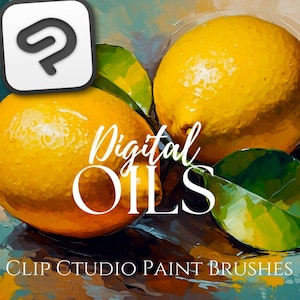 Könnte beinhalten: Digital Oils Clip Studio Paint Brushes. Eine digitale Illustration von zwei Zitronen mit grünen Blättern auf einem strukturierten Hintergrund. Der Text "Digital Oils" ist in einer stilisierten Schrift geschrieben.
