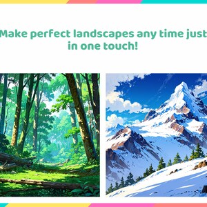 May include: Two images of landscapes. The first image shows a lush green forest with sunlight streaming through the trees. The second image shows a snow-capped mountain peak with a blue sky and white clouds.