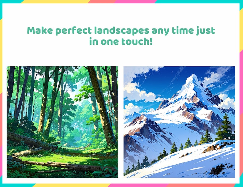May include: Two images of landscapes. The first image shows a lush green forest with sunlight streaming through the trees. The second image shows a snow-capped mountain peak with a blue sky and white clouds.