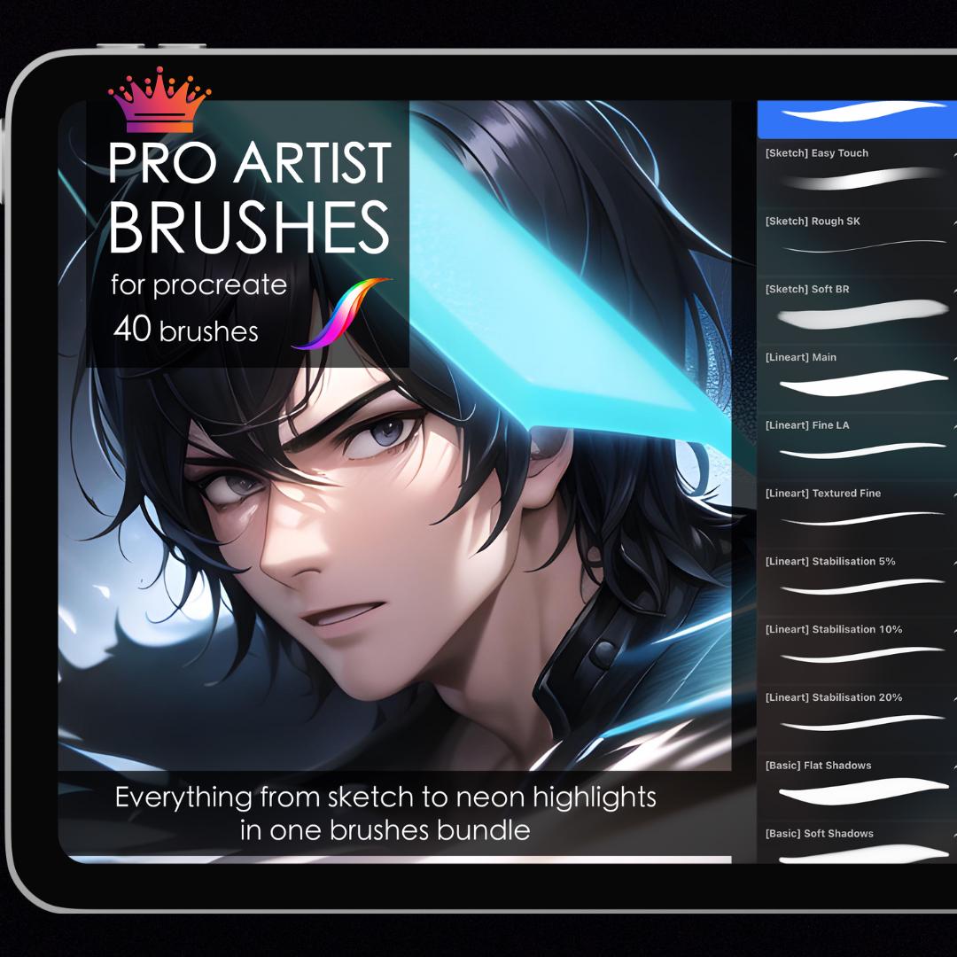 Paquete de pinceles para Procreate – 40 pinceles pro esenciales para boceto, lineart, color, brillos y anime