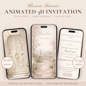 May include: Three smartphones display an animated 3D baby shower invitation titled Blossom Bunnies. The screens show a garden gate with bunnies, a landscape, and RSVP details with text including Zaraha is having a baby, RSVP, and No app needed.