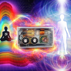 May include: An artistic digital illustration featuring a transparent box with dials and internal components, set against a vibrant, colorful background. Silhouettes of a meditating figure and a standing person are also present, with swirling light effects.