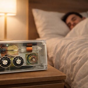 May include: A clear, rectangular electronic device with dials and internal components sits on a wooden nightstand. The device is labeled "LK ELECTRONICS". A person sleeps in a bed in the background, illuminated by a lamp.