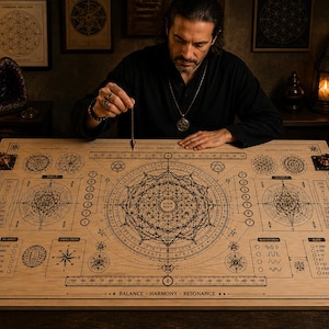 May include: A rectangular wooden dowsing board featuring intricate black geometric engravings, a central star pattern, circular charts, and a linear scale. The board includes text labels such as "YOUR PLATE" and "BALANCE - HARMONY - RESONANCE" with four metallic corner accents.