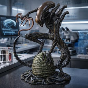 Puede incluir: Estatua detallada de una criatura Alien, con cabeza color bronce y cuerpo oscuro y texturizado. La criatura está posada sobre un huevo verde texturizado, con una larga cola segmentada. La estatua está en un laboratorio.