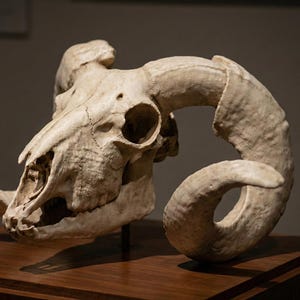 Puede incluir: Primer plano de un cráneo de carnero con grandes cuernos curvados. El cráneo es de color blanquecino y descansa sobre una superficie de madera oscura. Los cuernos son el punto focal, mostrando su forma espiral. El fondo es de un tono oscuro y neutro.