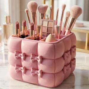 May include: A pink makeup organizer with bow accents, filled with makeup brushes, lipsticks, and an eyeshadow palette. The organizer sits on a marble surface, with perfume bottles and a succulent plant in the background.