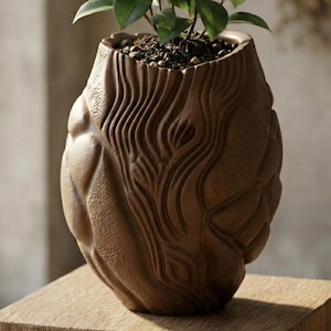 May include: A brown, textured ceramic planter with a tree bark design, holding a small green plant. The planter sits on a wooden block, with natural light illuminating the scene. The design features organic, flowing lines.