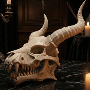 May include: A detailed, off-white dragon skull with large, curved horns and sharp teeth. The skull is placed on a black marble surface, with lit candles and a candelabra in the background, creating a gothic aesthetic.