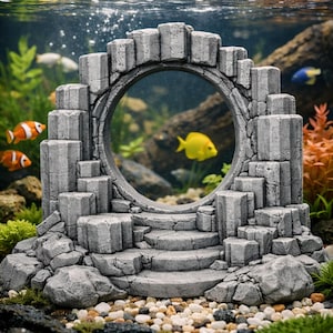 May include: A gray, stone-like aquarium ornament shaped like an archway with steps. The archway has a circular opening, and the background shows fish and aquatic plants. The ornament is designed to enhance the aquarium's aesthetic.