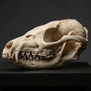 May include: An off-white animal skull with visible teeth and bone structure. The skull is placed on a black surface against a dark grey backdrop, highlighting its natural colour and texture. The skull's features are well-defined, showcasing its anatomical details.