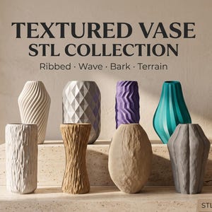 Vasen-STL-Bundle, 50 originale 3D-Druckdateien für Vasen und Pflanzgefäße, STL + 3MF, kompatibel mit Bamboo Lab, moderne Vasen mit gerippter Textur, kommerzielle Nutzung