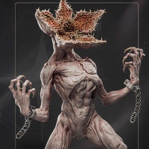 May include: A detailed sculpture of a Demogorgon, a creature from the Stranger Things series. The figure has a pale, textured skin, sharp claws, and a distinctive, petal-like head. It is chained at the wrists.