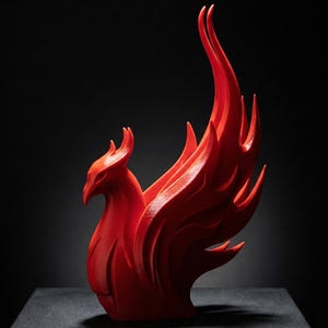 May include: A vibrant red phoenix sculpture with detailed feather and wing designs. The bird is perched on a dark surface against a black backdrop. The sculpture is a decorative item.