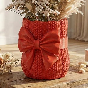 Op de afbeelding: Een rode vaas met een gebreide textuur en een grote strik, gevuld met gedroogd pampasgras, eucalyptus en kleine witte bloemen. De vaas staat op een rustieke houten tafel, wat een gezellige, natuurlijke uitstraling creëert.